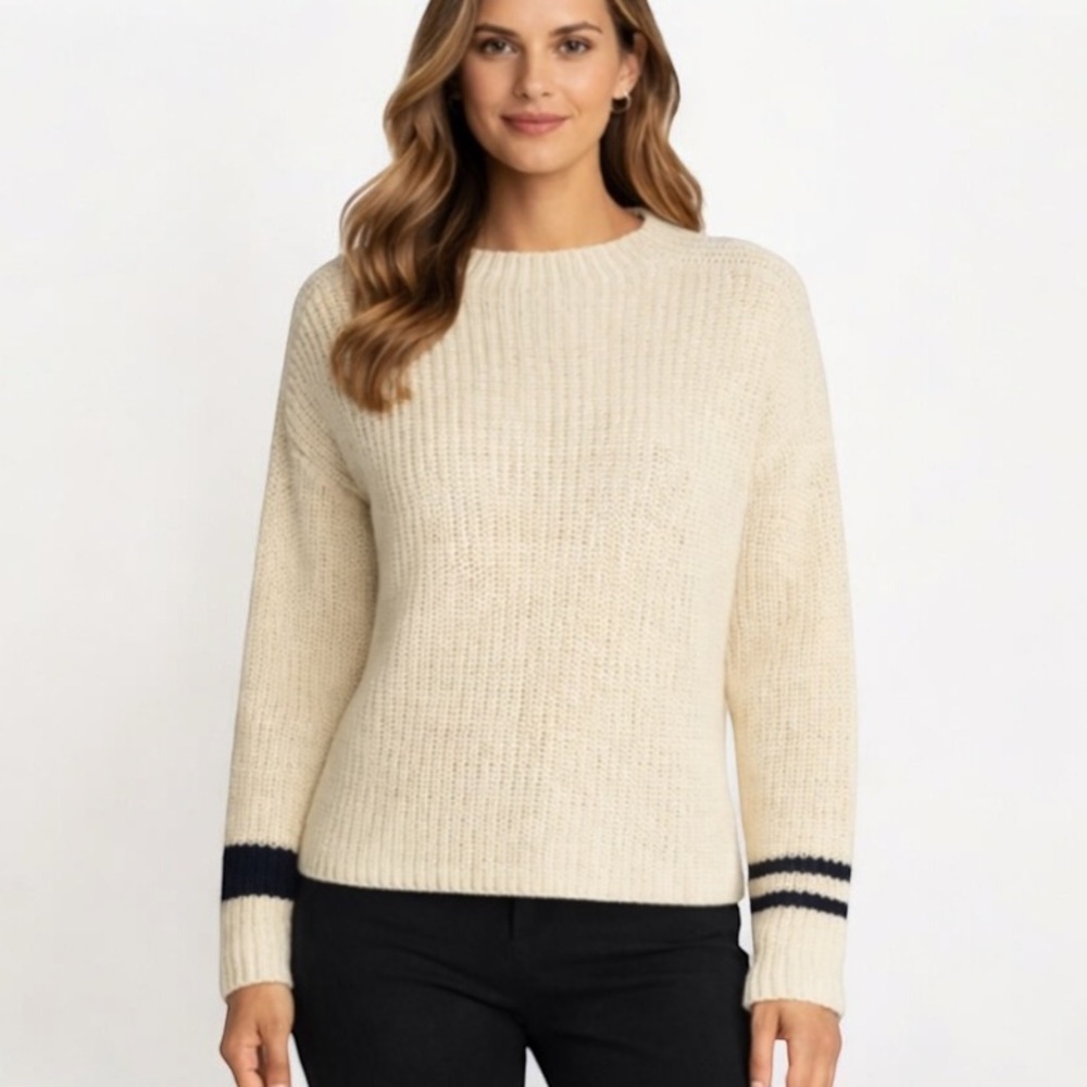 360 Sweater Cotton Ribbed Knit Sweater Ivory with Black Sleeve Stripes Small